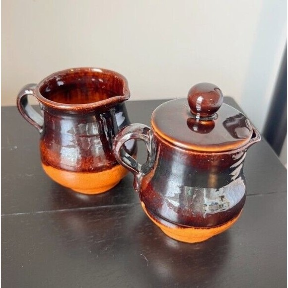 Set of vintage cream and sugar pottery with lid - Picture 6 of 10